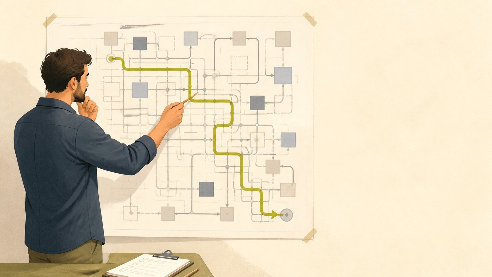 An engineer in front of a large flow diagram, tracing the highlighted path with a pencil