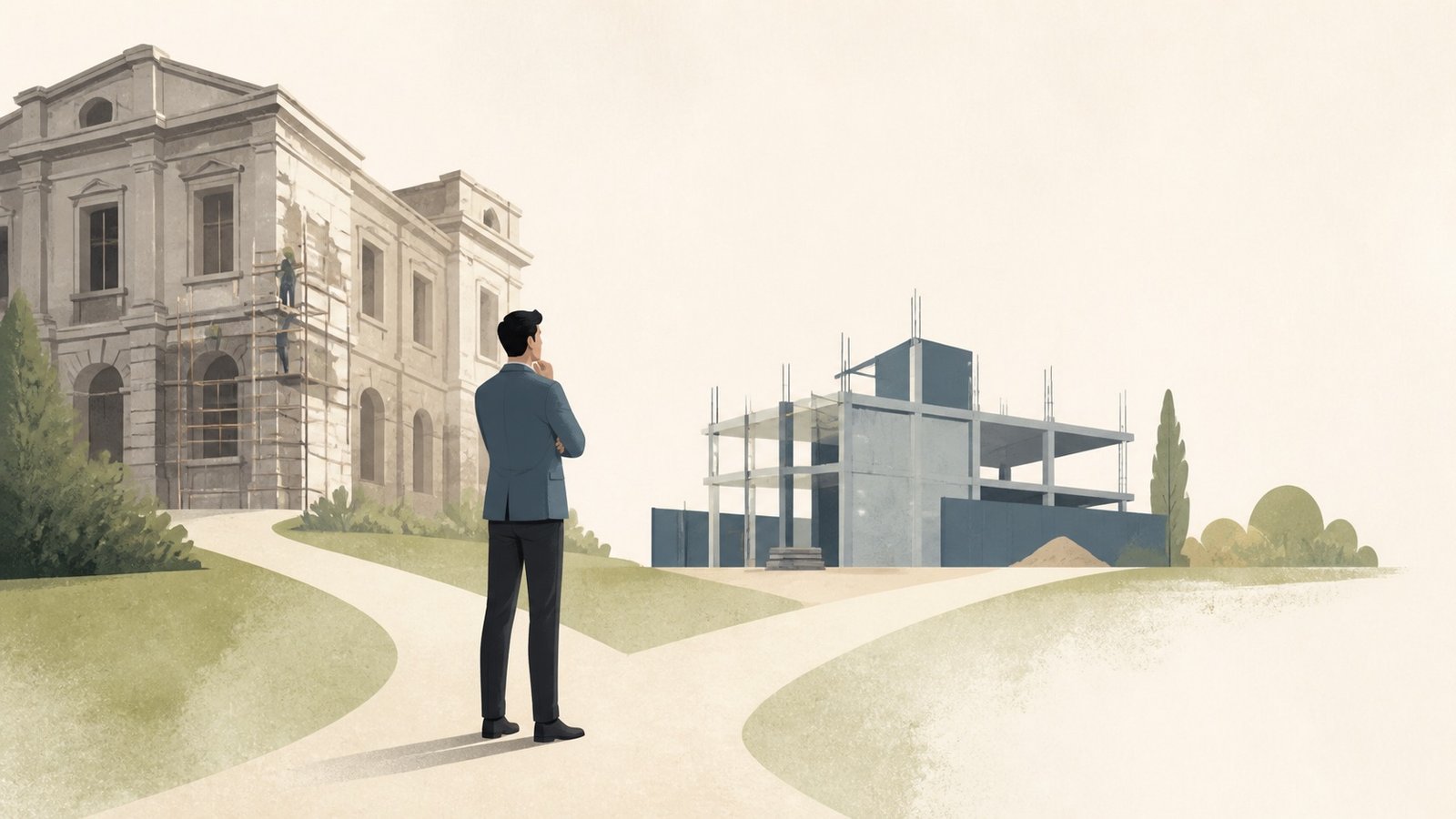 A person at a fork in the path: an old building under scaffolding one way, a new one being built the other